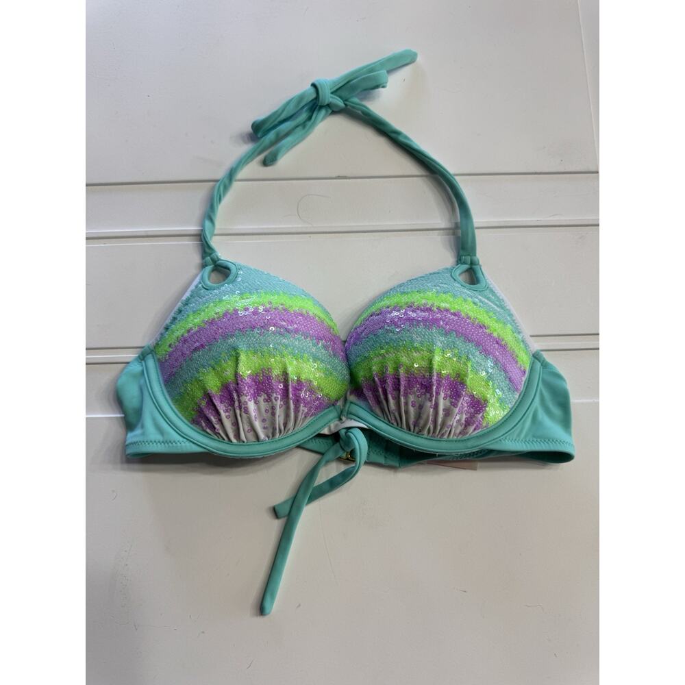Victoria’s Secret 34B Top M Bottom Sequin Teal Purple Mermaid Pushup Bikini Set - Picture 2 of 5